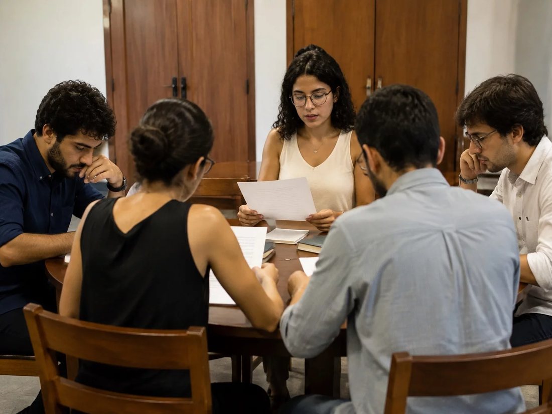 Equipe reunida numa sala clara enquanto uma pessoa explica sua proposta
