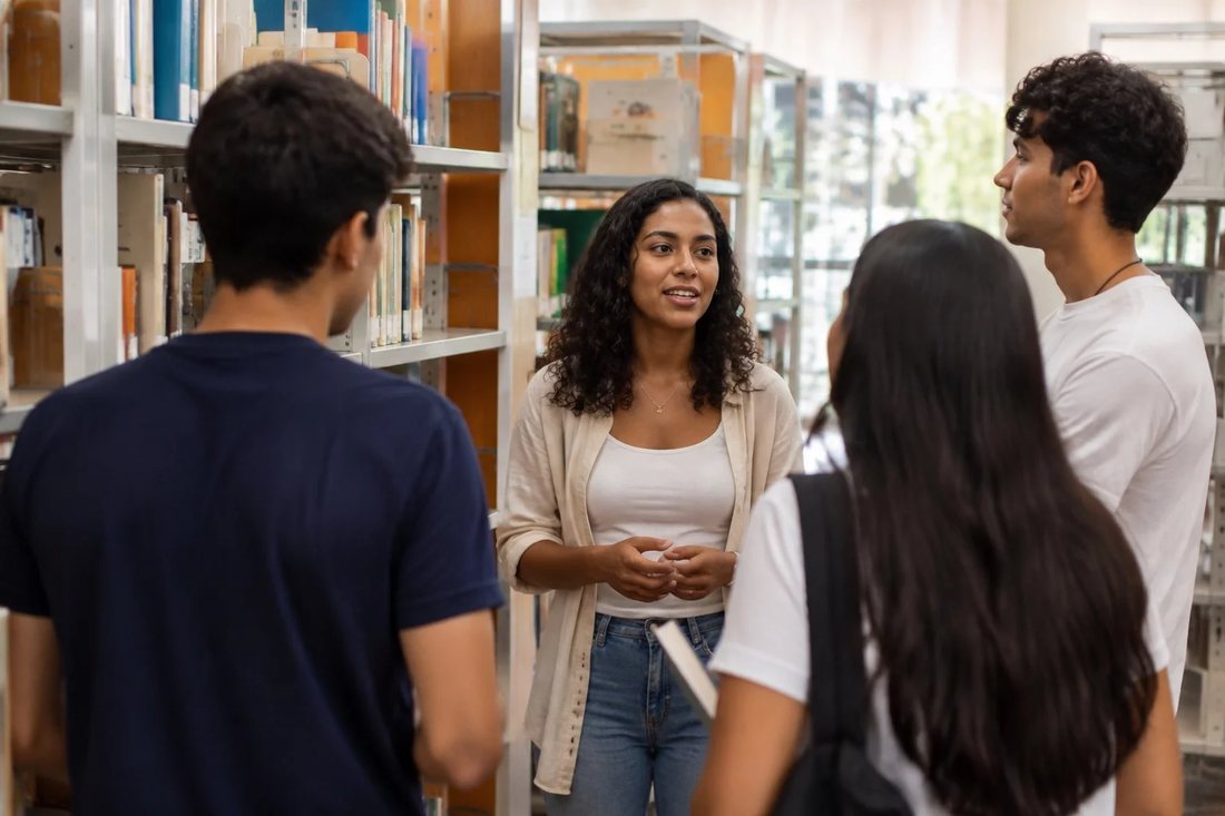 Alunos conversando em pé no corredor entre as prateleiras de uma biblioteca